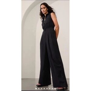 EUC ATHLETA Brooklyn Heights Wide Leg  Jumpsuit Sleeveless BLACK 14 Pockets Zip
